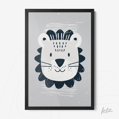 quadro com ilustração de leão estilizado em fundo cinza, moldura preta