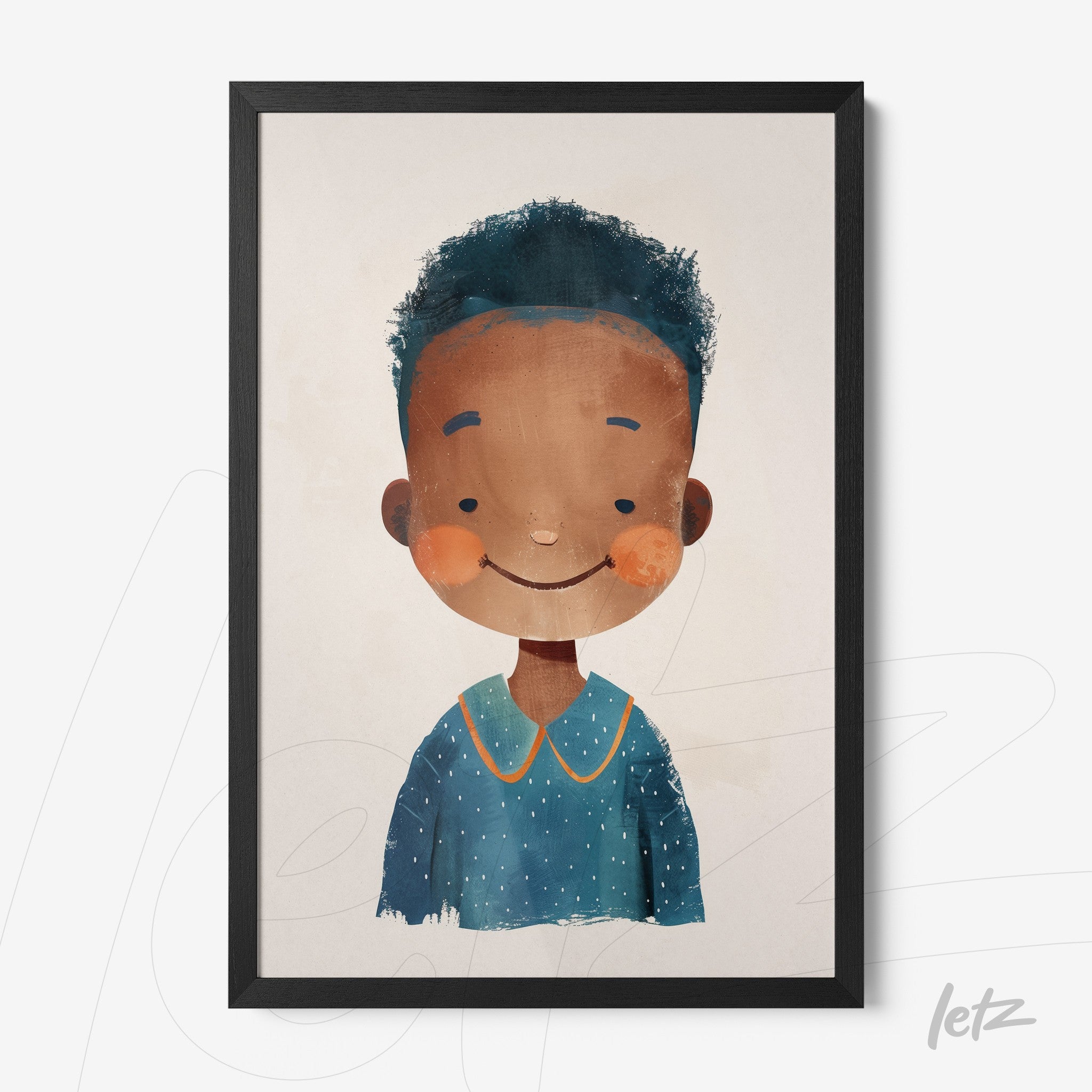 quadro com ilustração infantil de um menino sorridente com cabelo crespo, usando uma blusa azul com detalhes em laranja, em moldura preta