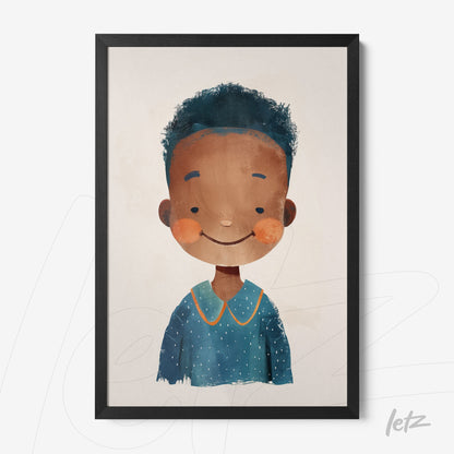 quadro com ilustração infantil de um menino sorridente com cabelo crespo, usando uma blusa azul com detalhes em laranja, em moldura preta