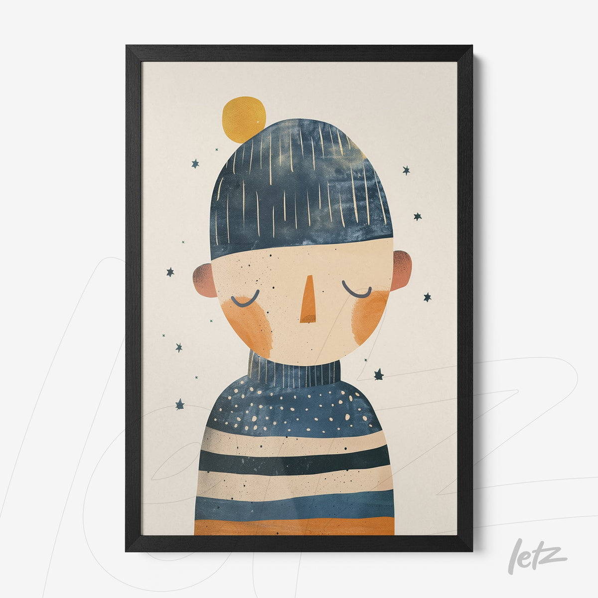 quadro com ilustração moderna de figura humana usando um gorro azul e suéter listrado em moldura preta