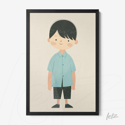 quadro com ilustração de menino sorridente vestido com camisa azul clara e calças curtas pretas, em moldura preta