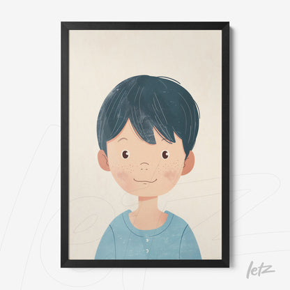 quadro com ilustração de menino sorridente, moldura preta fina e fundo neutro claro