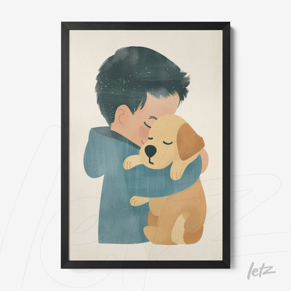 quadro emoldurado com ilustração de menino abraçando um cachorro, fundo claro com texturas suaves