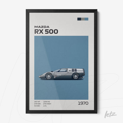 quadro com ilustração do carro Mazda RX 500 em moldura preta fina sobre fundo azul