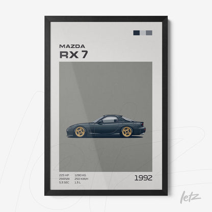 quadro com arte digital do carro Mazda RX-7 de 1992 em moldura preta