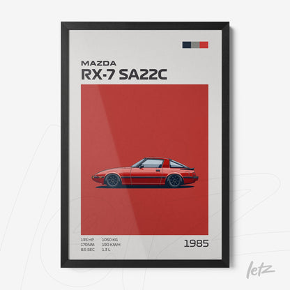 quadro com ilustração do carro Mazda RX-7 SA22C em fundo vermelho e moldura preta