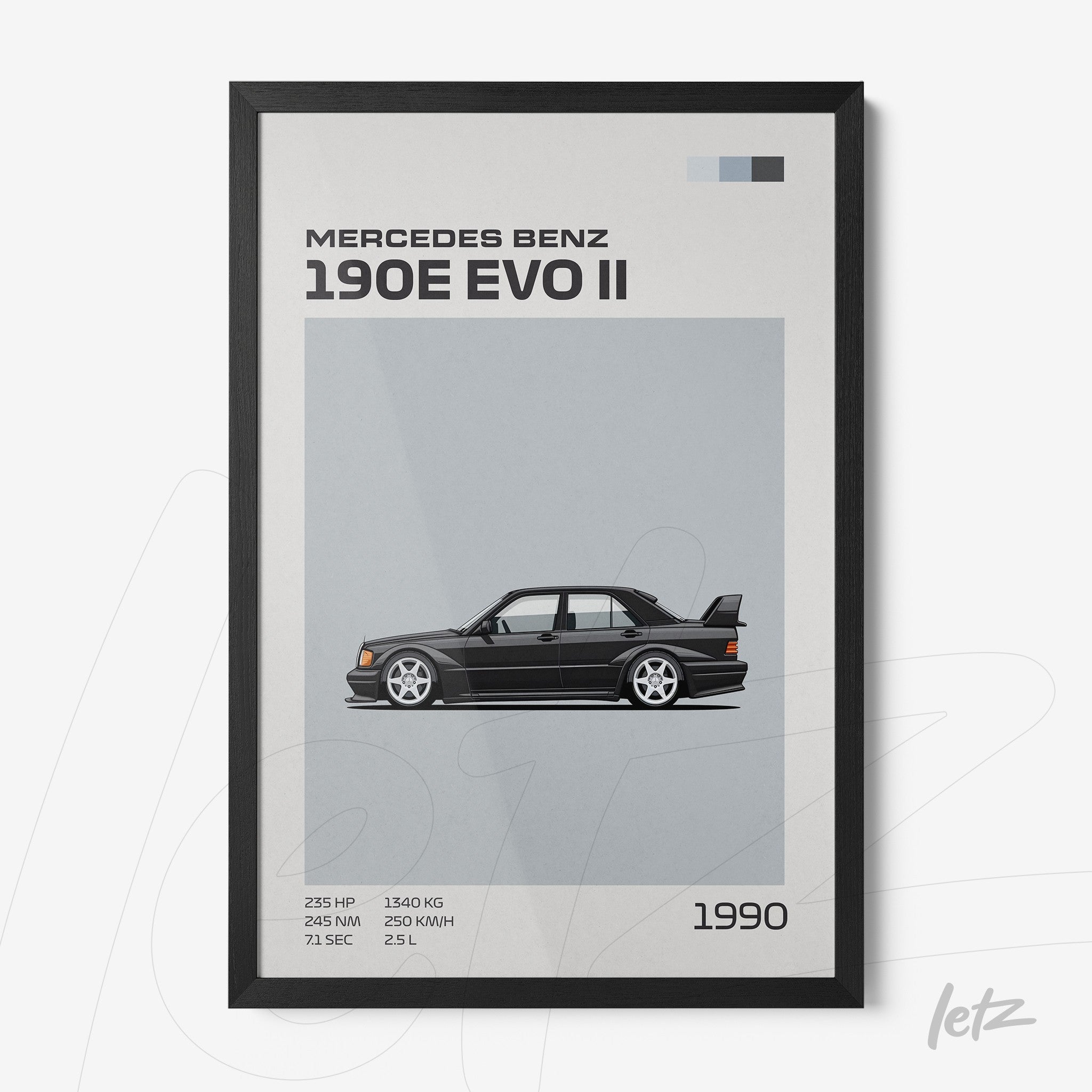 quadro com arte digital de carro Mercedes Benz 190E EVO II em moldura preta