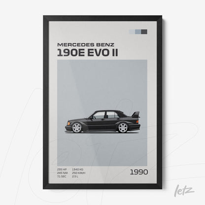 quadro com arte digital de carro Mercedes Benz 190E EVO II em moldura preta