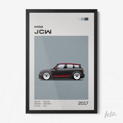 quadro com ilustração minimalista de um carro Mini JCW 2017 em moldura preta