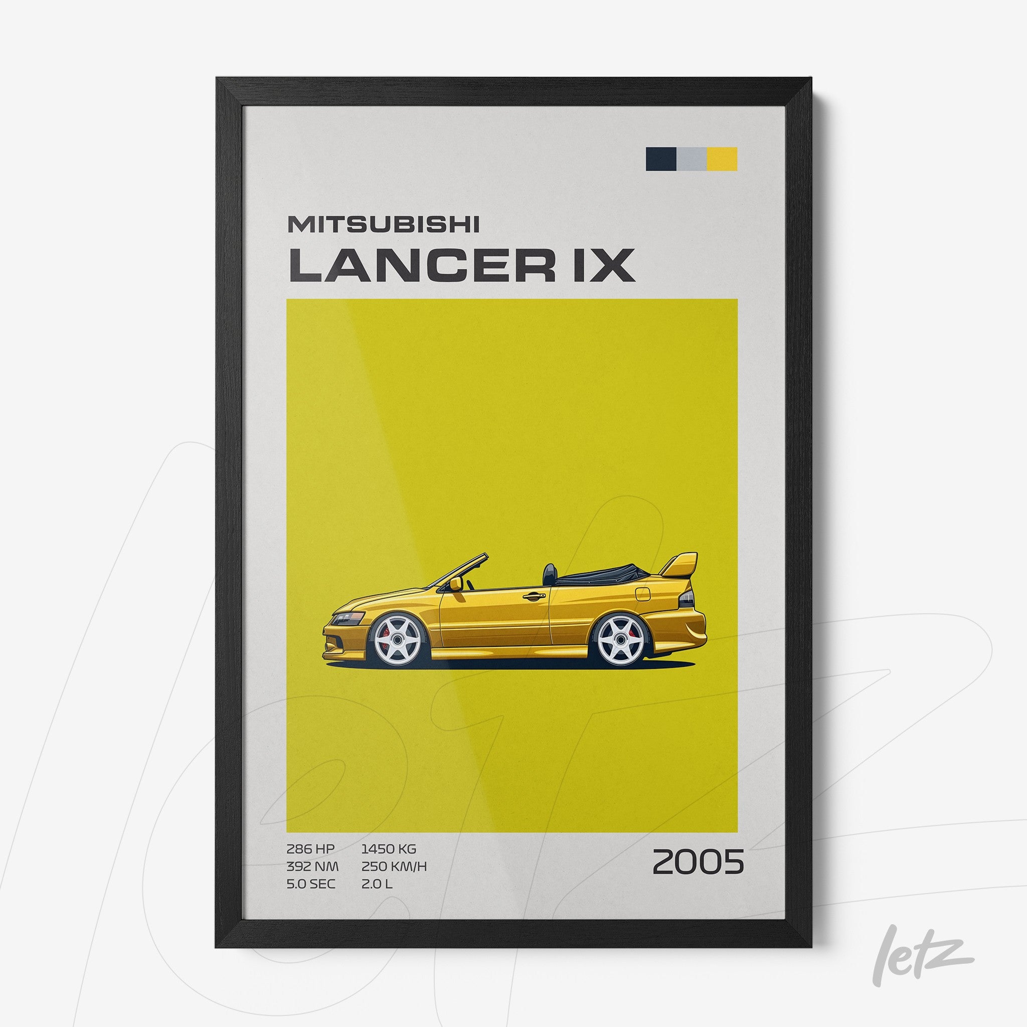 quadro com arte minimalista de um Mitsubishi Lancer IX em fundo amarelo vibrante com moldura preta