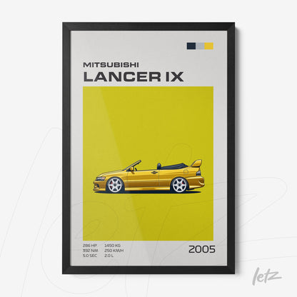 quadro com arte minimalista de um Mitsubishi Lancer IX em fundo amarelo vibrante com moldura preta