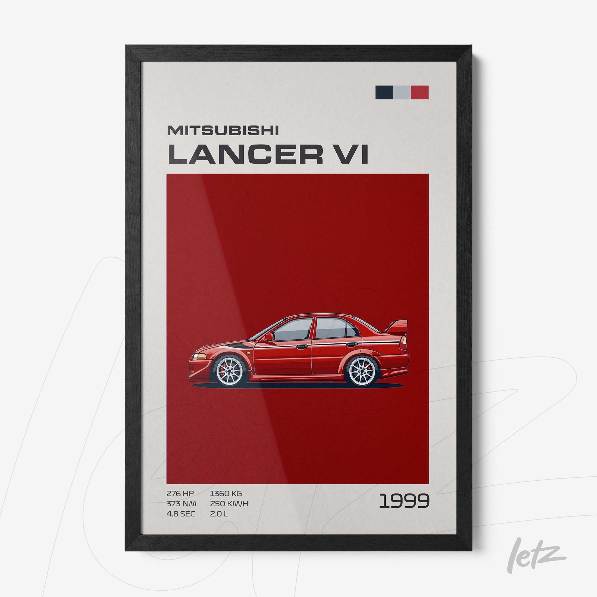 quadro com arte do Mitsubishi Lancer VI em fundo vermelho, com moldura preta e detalhes sobre motor e performance