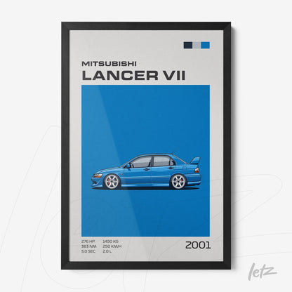 quadro com ilustração de carro Mitsubishi Lancer VII em fundo azul, moldura preta