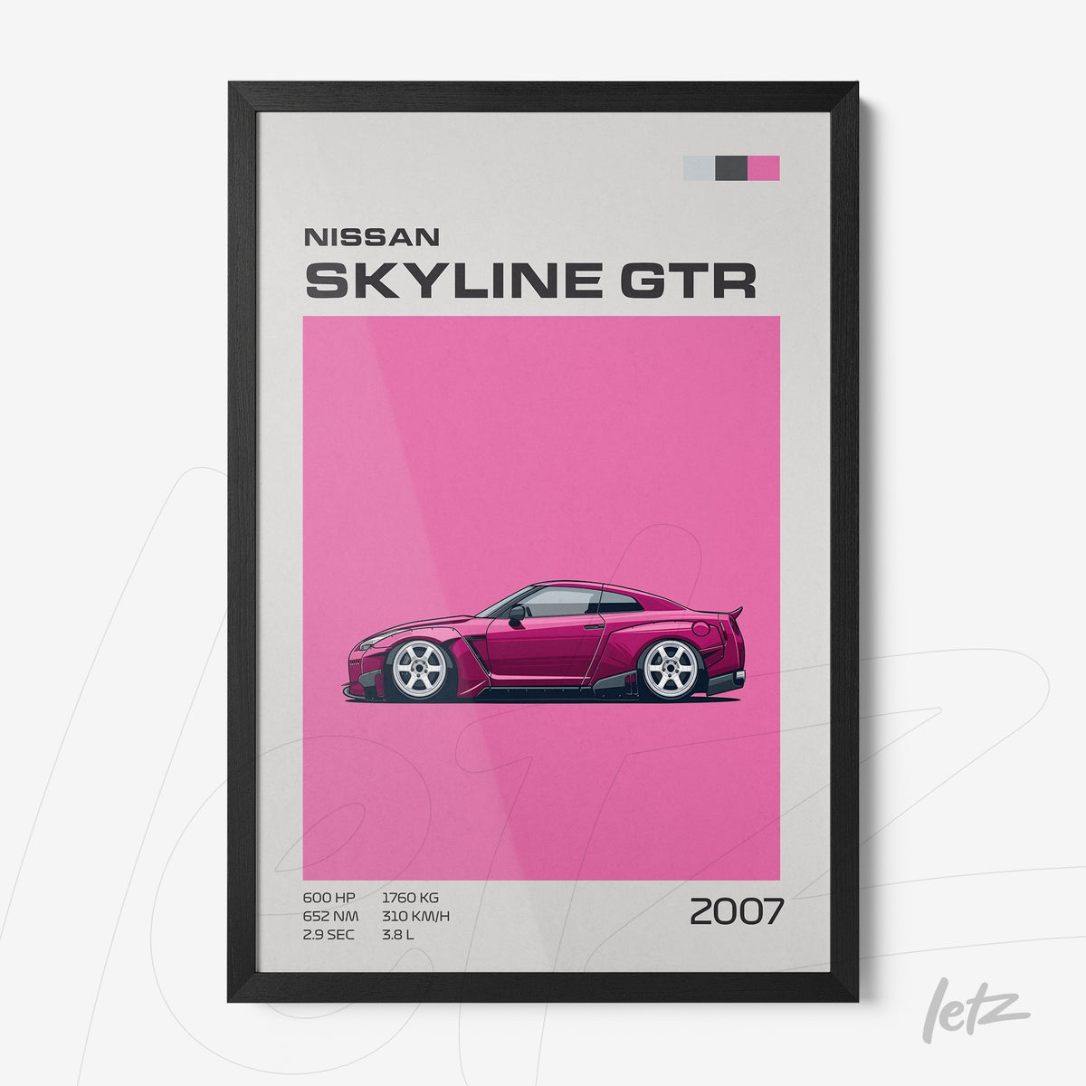 quadro com arte digital do carro Nissan Skyline GTR em fundo rosa e moldura preta