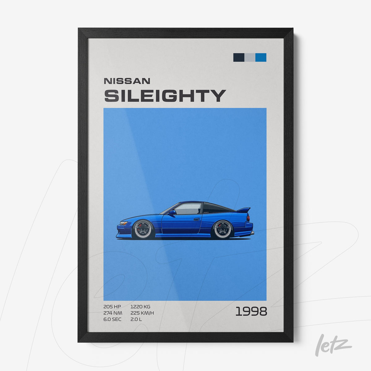 quadro com ilustração vintage de carro Nissan SilEighty em fundo azul e moldura preta