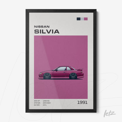 quadro com arte digital do carro Nissan Silvia de 1991 em moldura preta
