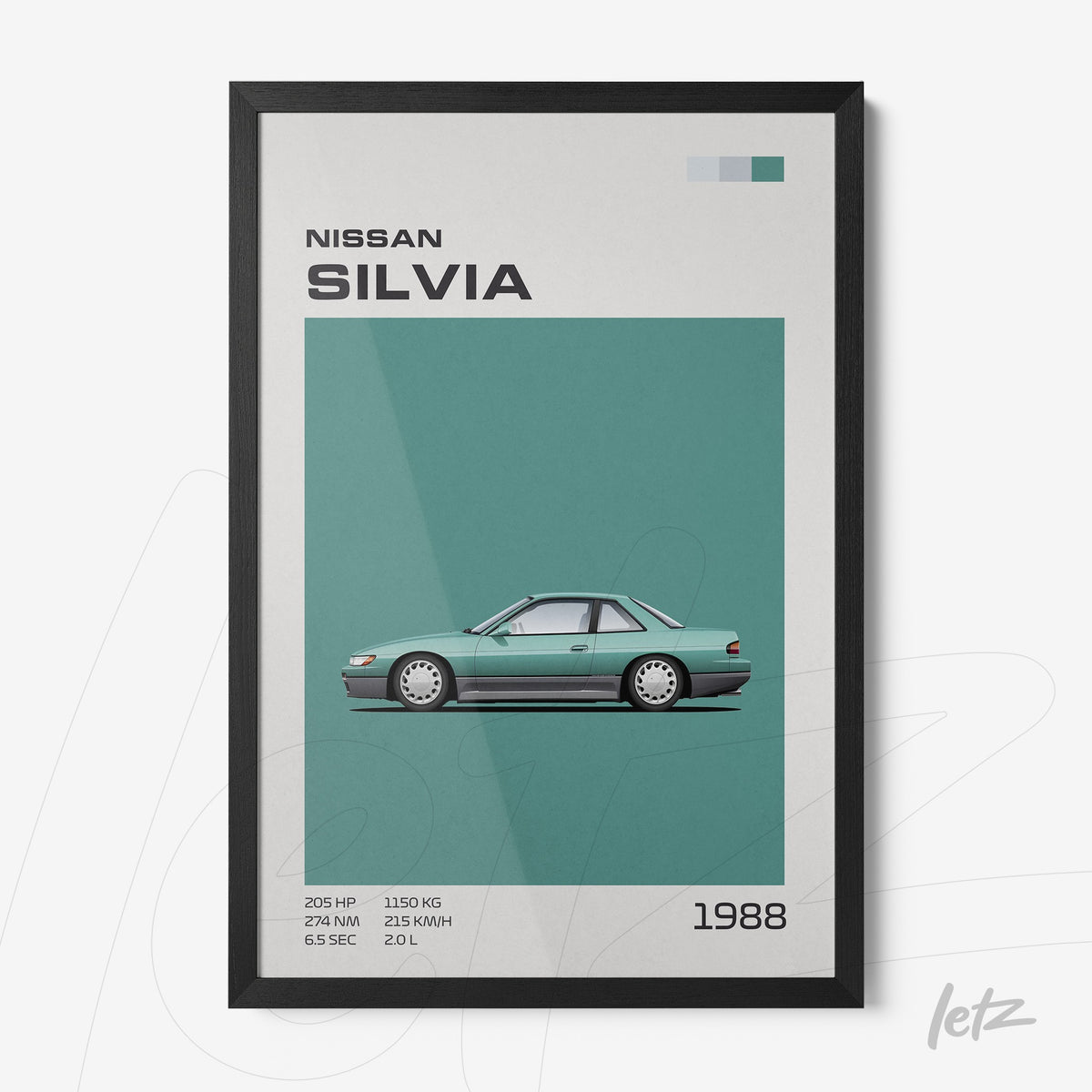 quadro com arte minimalista do carro Nissan Silvia de 1988 em moldura preta