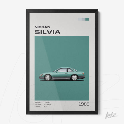 quadro com arte minimalista do carro Nissan Silvia de 1988 em moldura preta