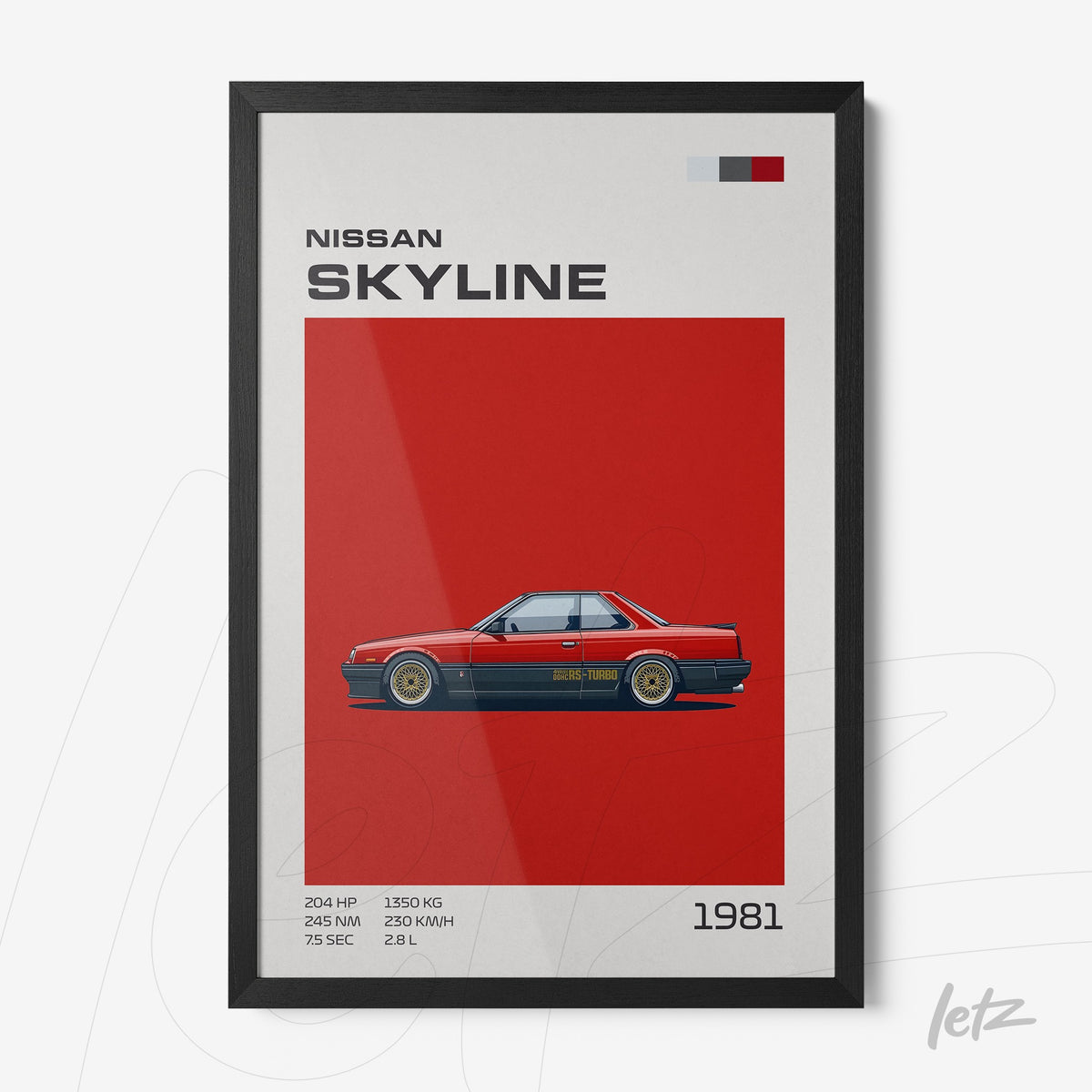 quadro com arte digital do carro Nissan Skyline em fundo vermelho vibrante e moldura preta