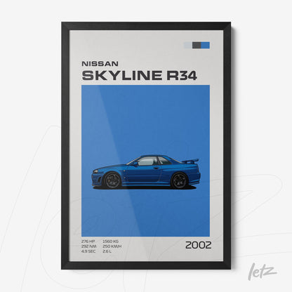 quadro com ilustração do carro Nissan Skyline R34 em fundo azul e moldura preta