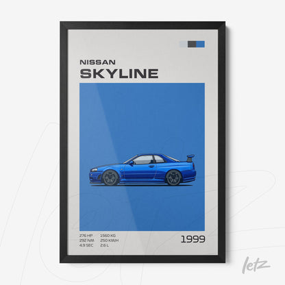 quadro com ilustração estilizada do carro Nissan Skyline 1999, fundo azul e moldura preta