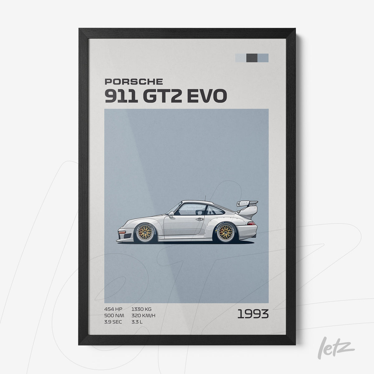 quadro com ilustração do carro Porsche 911 GT2 EVO em moldura preta, estilo minimalista com fundo azul claro