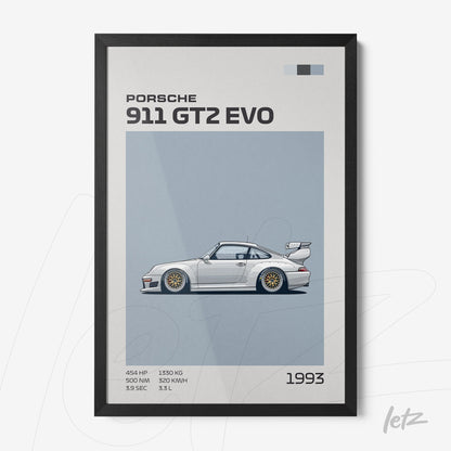 quadro com ilustração do carro Porsche 911 GT2 EVO em moldura preta, estilo minimalista com fundo azul claro