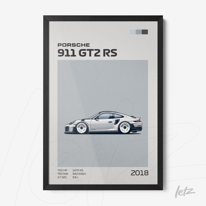 quadro com arte minimalista do carro Porsche 911 GT2 RS em moldura preta