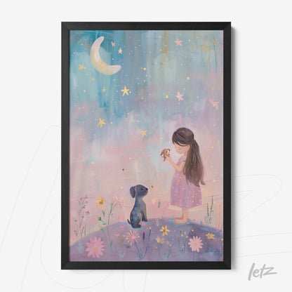 quadro com arte infantil de menina com vestido rosa e cachorro sob céu estrelado, moldura preta