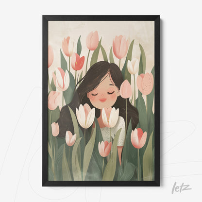 quadro com ilustração de garota em meio a tulipas em um fundo suave, moldura preta