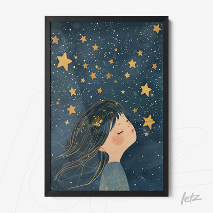 quadro com ilustração de menina sonhando sob um céu estrelado, moldura preta