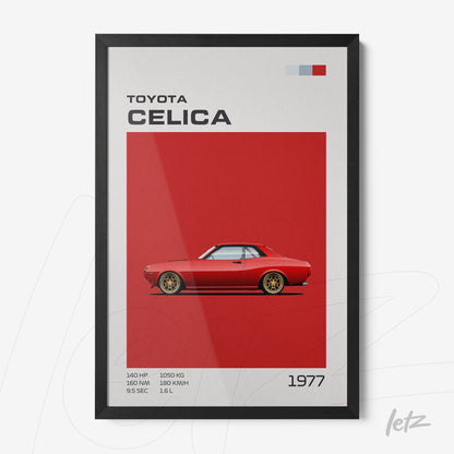 quadro com ilustração de um carro Toyota Celica de 1977 em fundo vermelho e moldura preta