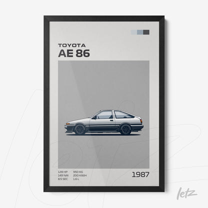 quadro com ilustração minimalista do carro Toyota AE86 em moldura preta