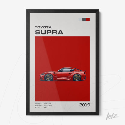quadro com ilustração de um carro esportivo Toyota Supra em fundo vermelho com moldura preta