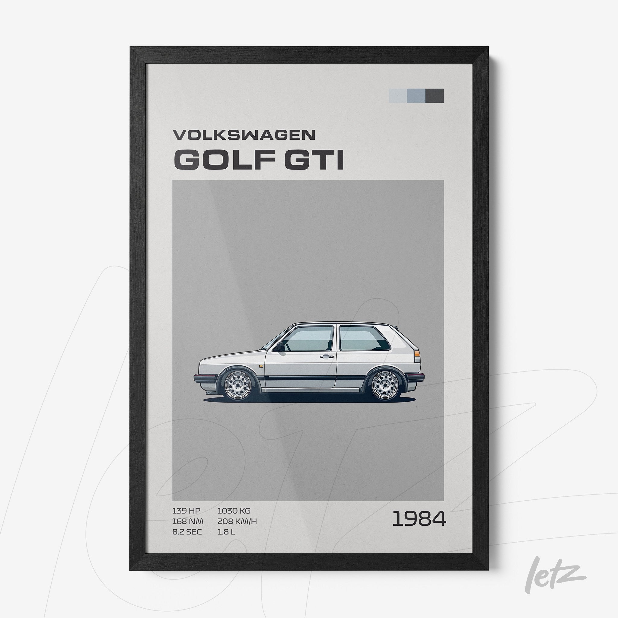 quadro com ilustração do carro Volkswagen Golf GTI em moldura preta, com dados técnicos e fundo cinza