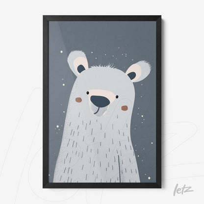 quadro com ilustração de urso polar sorridente em fundo cinza, moldura preta