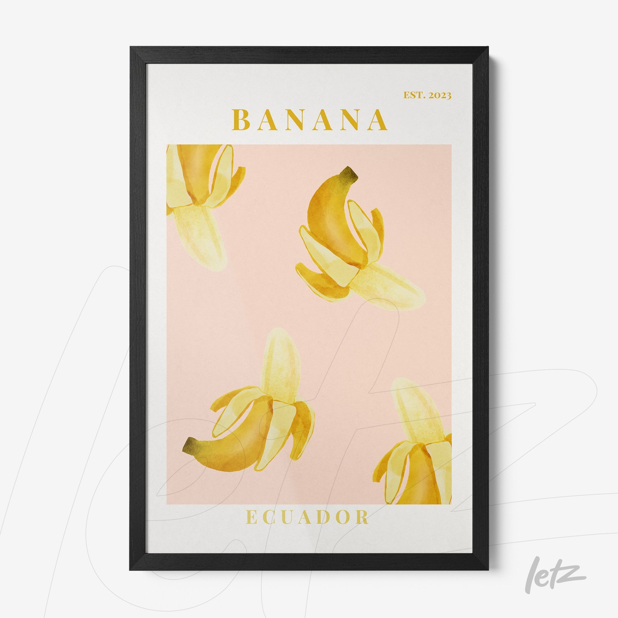 quadro com ilustração de banana em fundo rosa, moldura preta