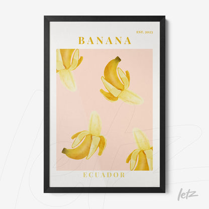quadro com ilustração de banana em fundo rosa, moldura preta