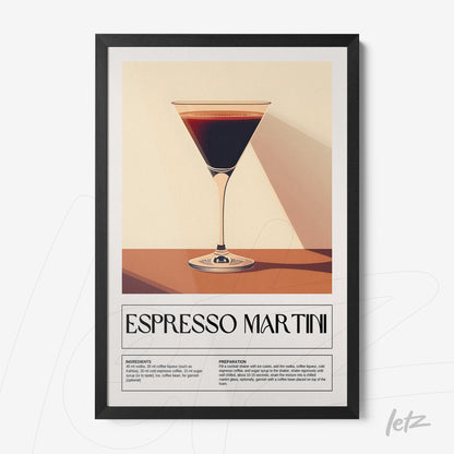 quadro com arte estilizada do drink espresso martini em moldura preta