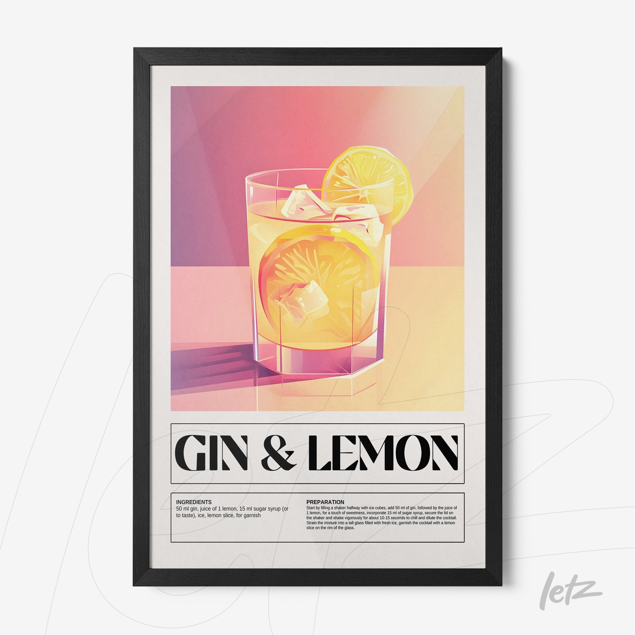 quadro com arte estilizada de drink gin com limão em moldura preta