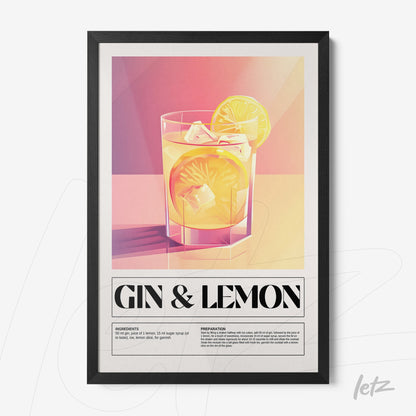 quadro com arte estilizada de drink gin com limão em moldura preta