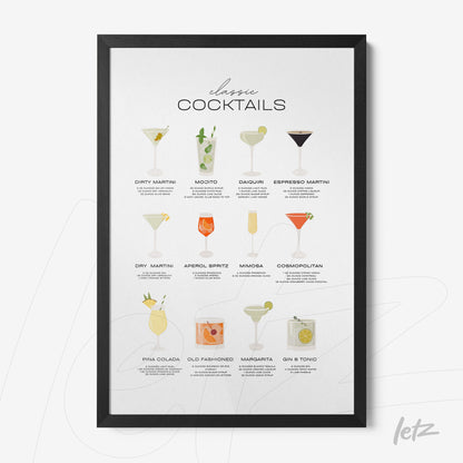 quadro com ilustrações de drinks clássicos em moldura preta, apresentando dez coquetéis dispostos em formato de tabela sobre fundo branco