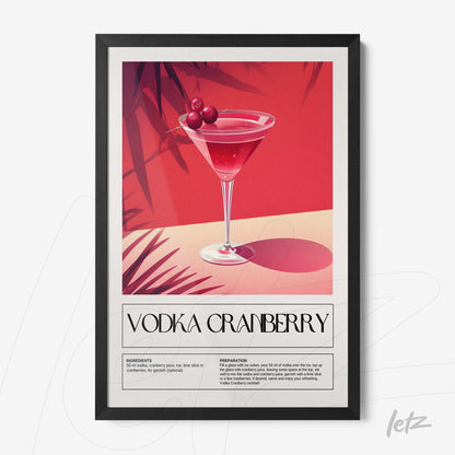 quadro com arte ilustrativa de drink vodka cranberry em moldura preta com detalhes gráficos