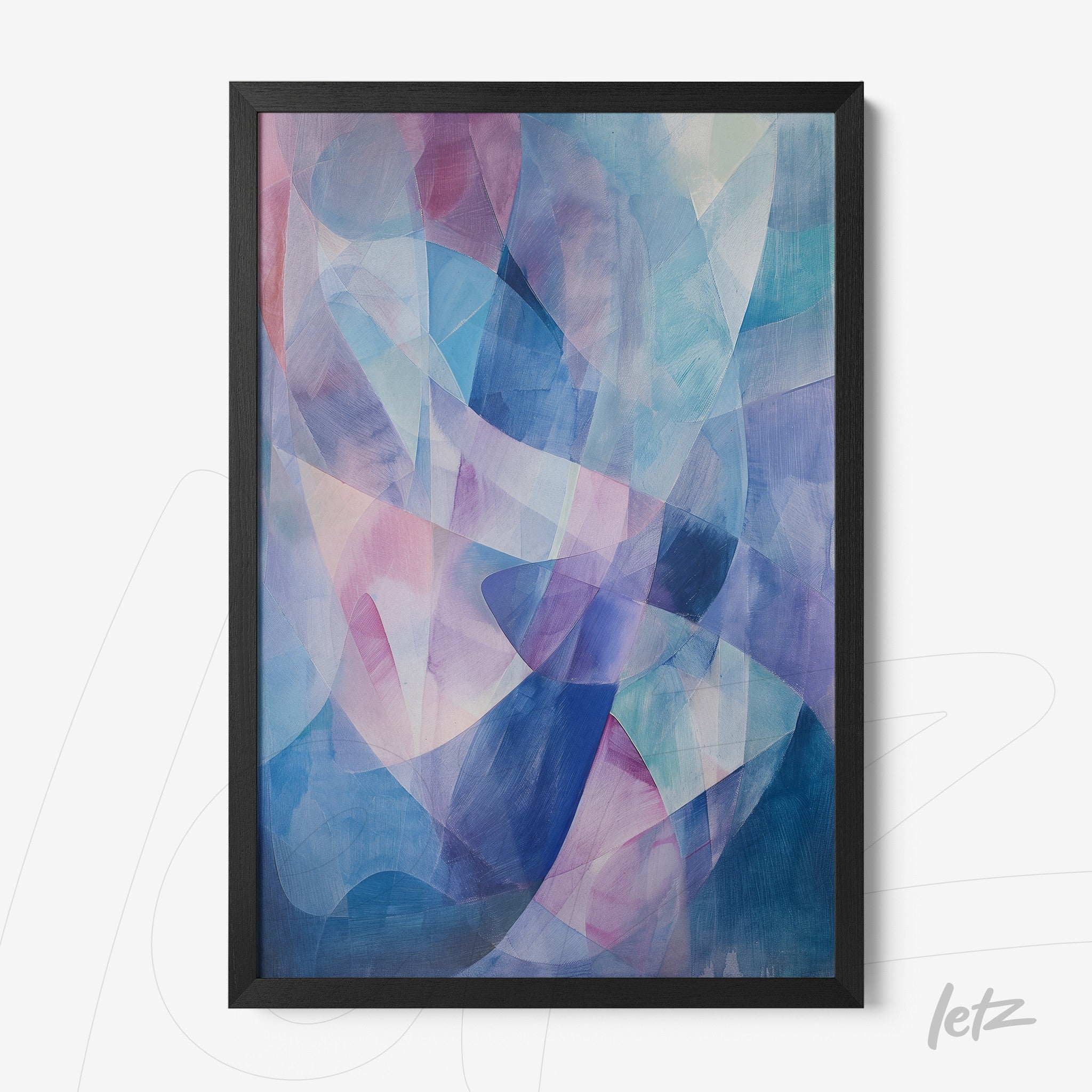 quadro com arte abstrata em tons de azul, rosa e lilás em moldura preta