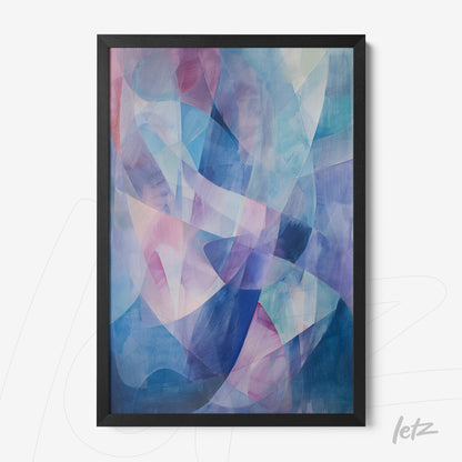 quadro com arte abstrata em tons de azul, rosa e lilás em moldura preta