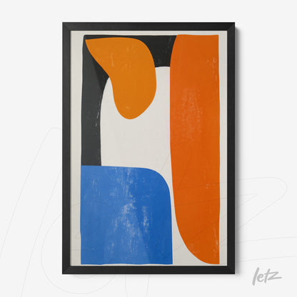 quadro com arte abstrata em cores vibrantes, incluindo laranja, azul e preto, em moldura preta