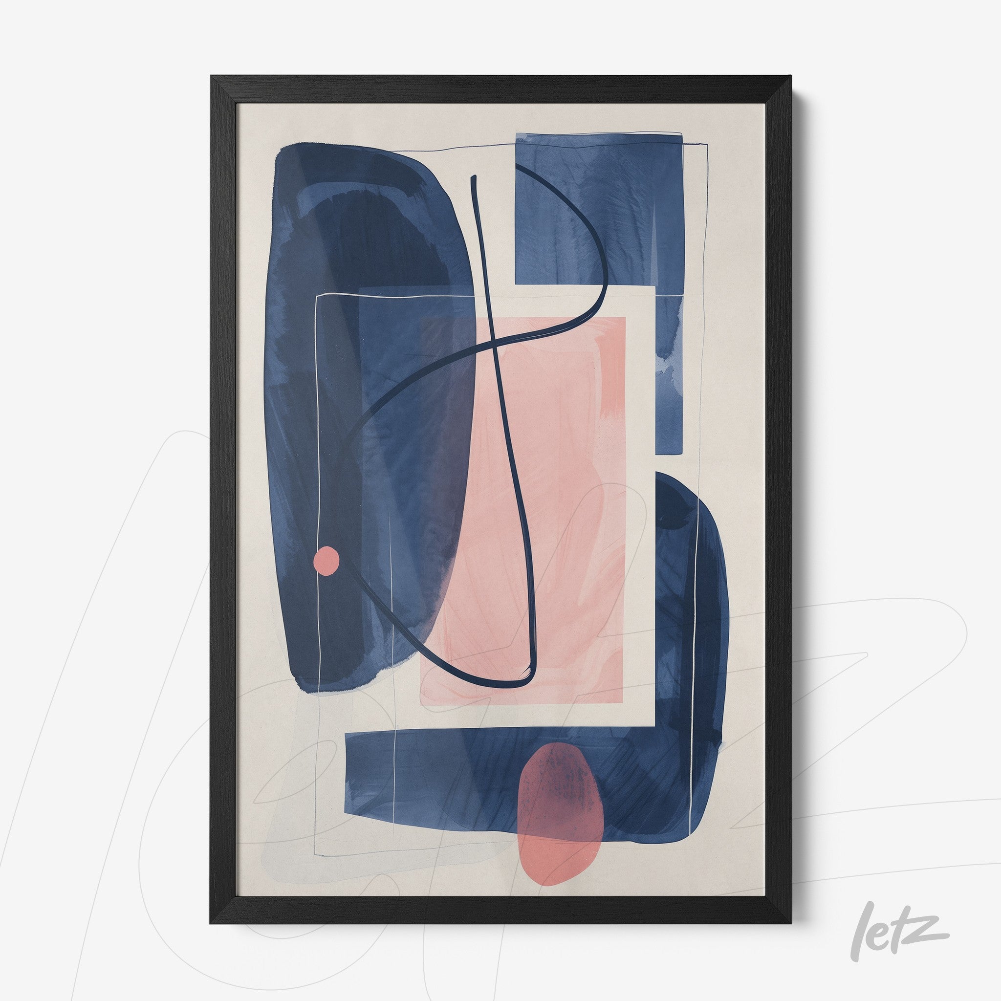 quadro abstrato com formas geométricas em azul escuro, rosa e creme na moldura preta
