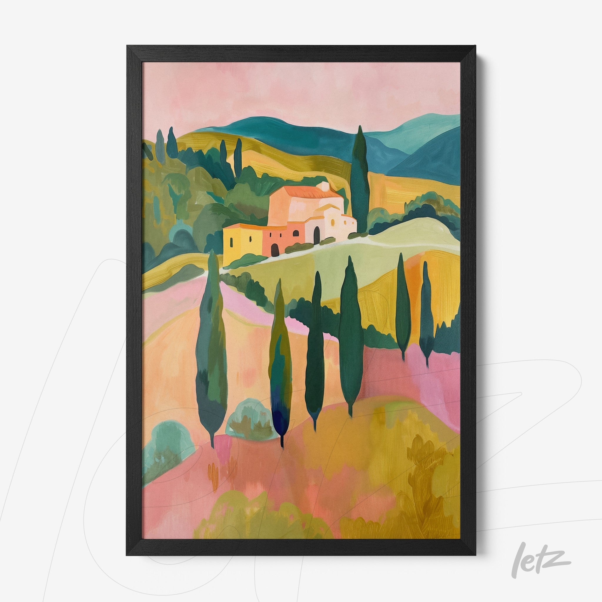 quadro com arte vibrante de paisagem toscana com colinas verdes e ciprestes em moldura preta