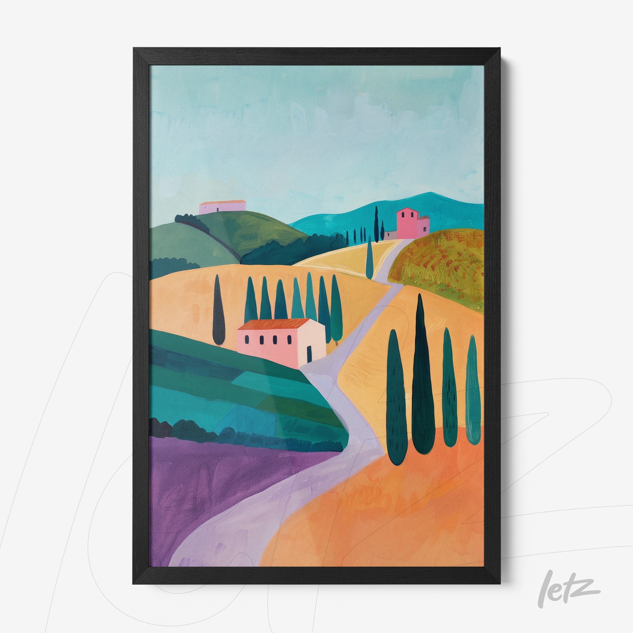 quadro com paisagem rural estilizada de colinas verdes e campos coloridos em moldura preta
