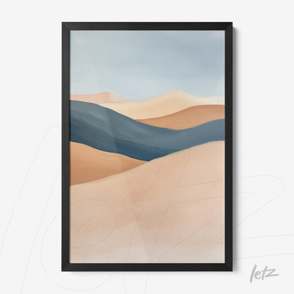 quadro com arte abstrata de paisagem em tons de azul e terracota, em moldura preta